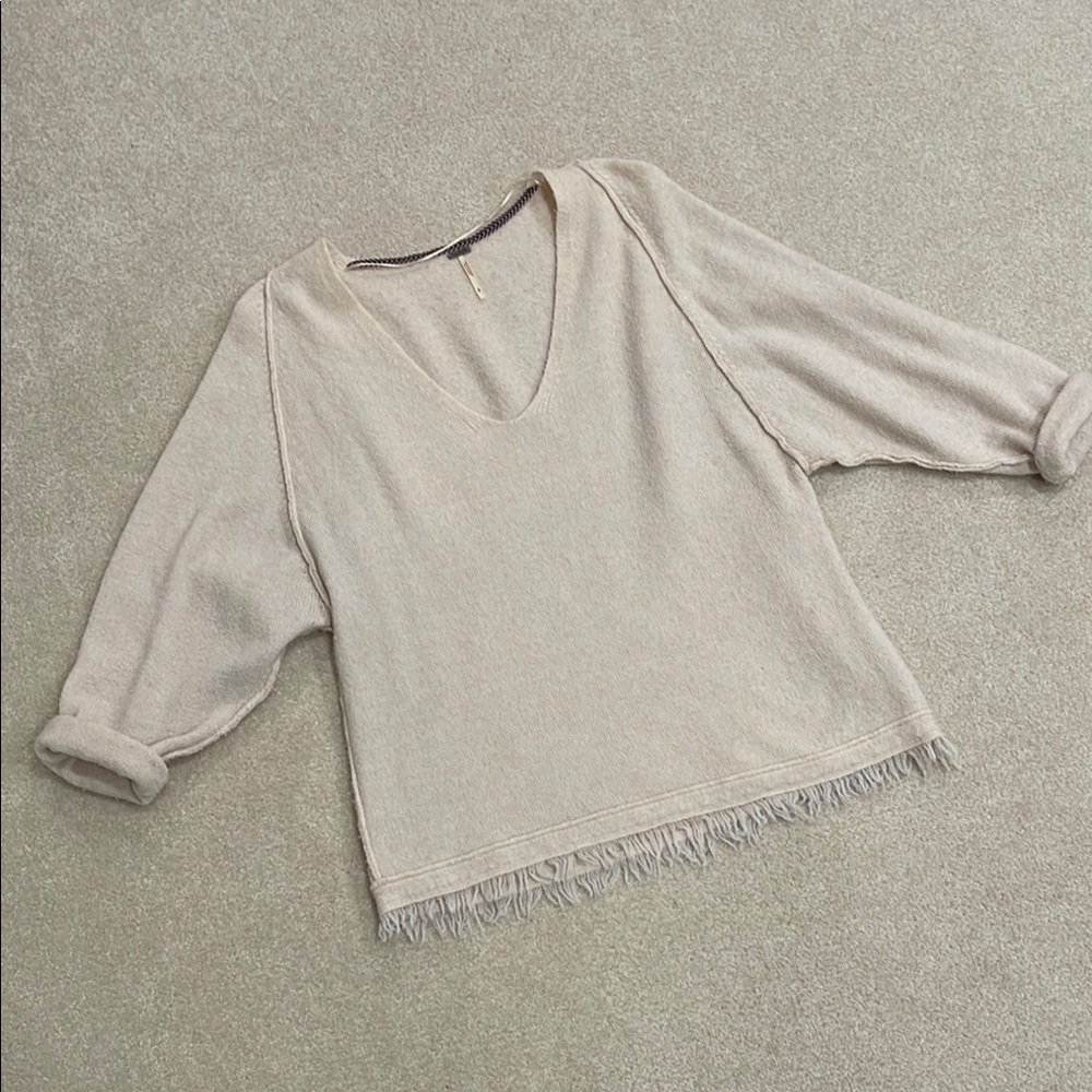 Beige V-Neck Sweater with Fringe